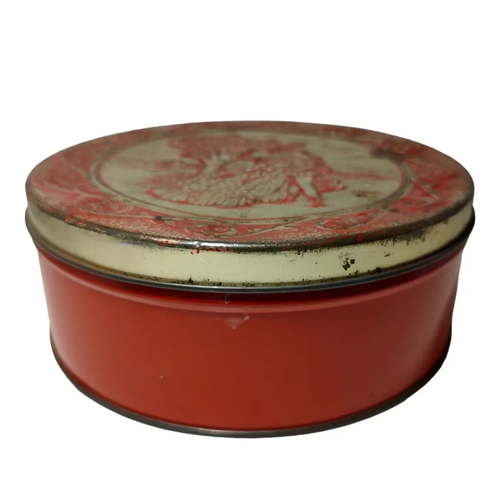 Vintage Embossed‎ Tin Sweets Romantic Couple Red Gold Round Seven Inch Tin SEE